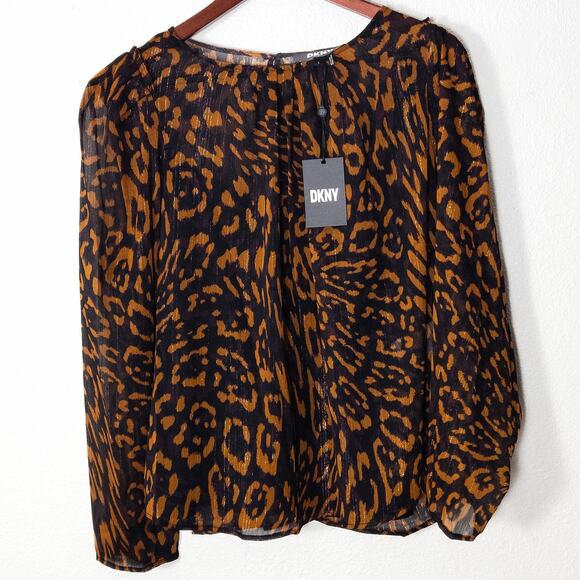 DKNY Sheer Blouse Animal Print Brown Black Size Large Mobwife Glam - Picture 1 of 13